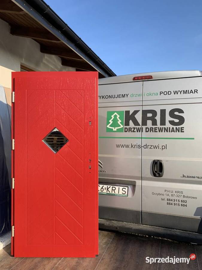 DRZWI ZEWNĘTRZNE GR 75MM DREWNIANE dąb ral 5010 kujawsko-pomorskie Grzybno