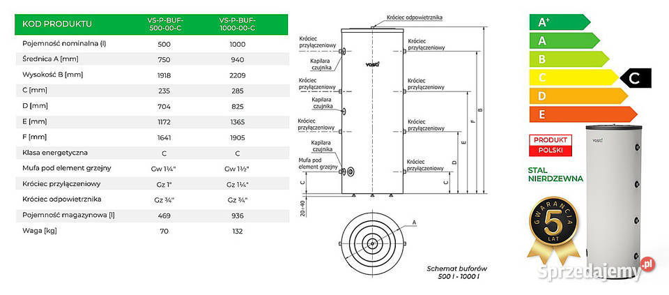Bufor Ciepła VASTI 500 L z stali nierdzewnej Koszęcin