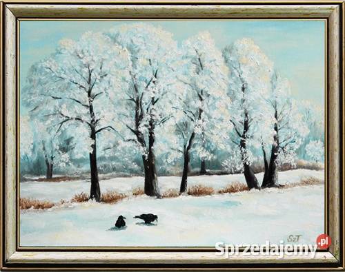 Obraz olejny Pejzaż zimowy z wronami biały