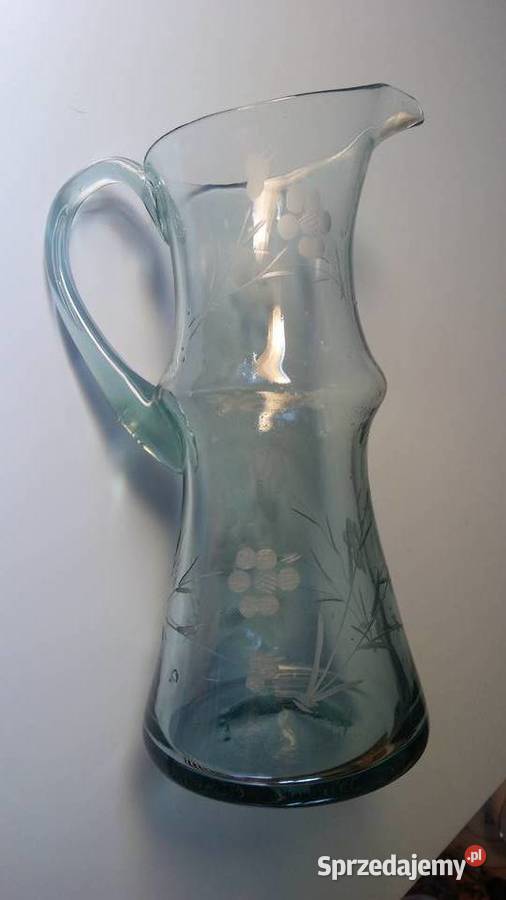 Piękny stary dzban szklany błękitny grawerowany Porcelana i szkło Łódź