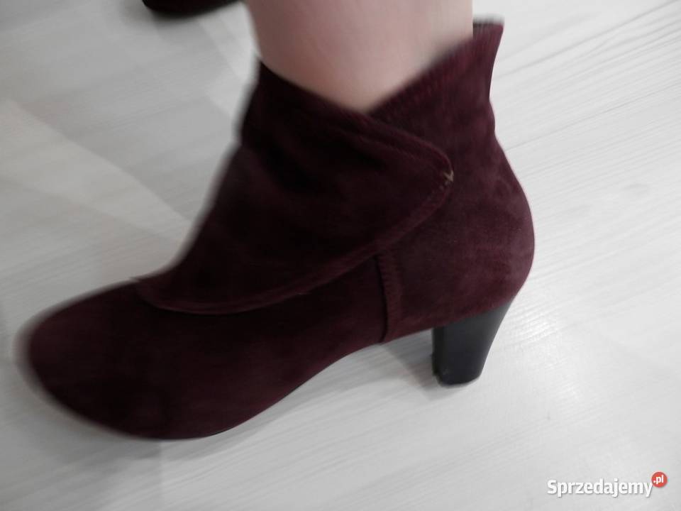 Buty Botki Skórzane Burgundowe na Obcasie skóra