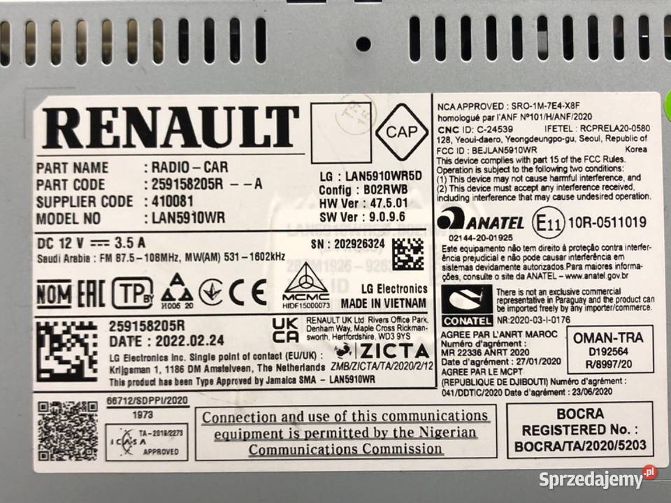RADIO DACIA DUSTER 259158205R ODTWARZACZ