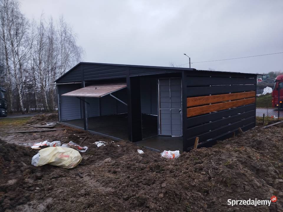 Garaż Blaszany GRAFITOWY zadaszenie bramy Garaże Mława