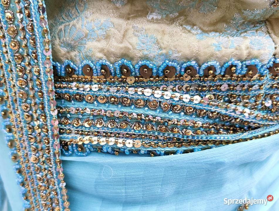 Piękne zdobione sari beż turkus koraliki saree Spódnice i sukienki Szczecin