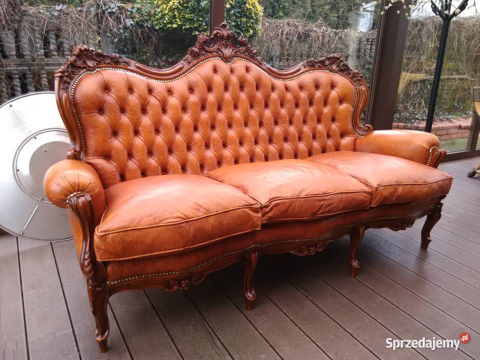 Sofa LudwikBarok Rzeźbiona Skóra Antyk Meble łódzkie Kluki