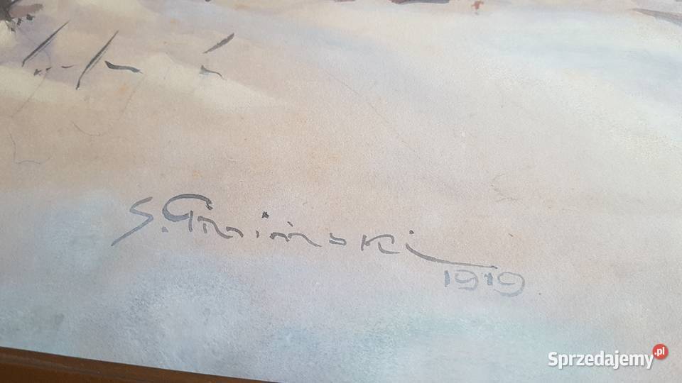 Stary duży obraz akwarela sygnowana S Gibiński Dąbrowa Górnicza