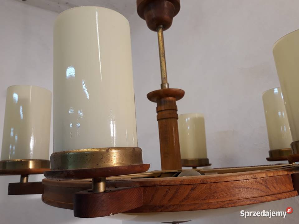 Żyrandol lampa drewniana mosiężna 6 szklanych Olkusz