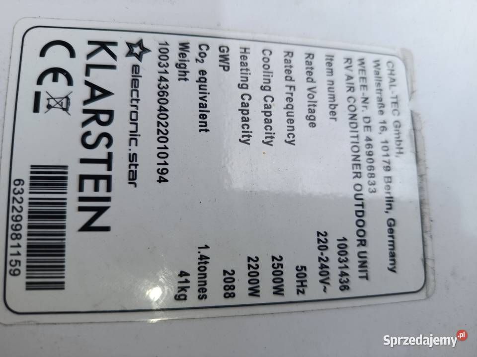 Klimatyzacja dachowa Klarstein 2500W osobowe Pruszków sprzedam