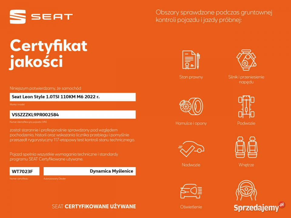 Seat Leon VAT 23 Style 10TSI 110 M6 2022 r salon nieuszkodzony Myślenice
