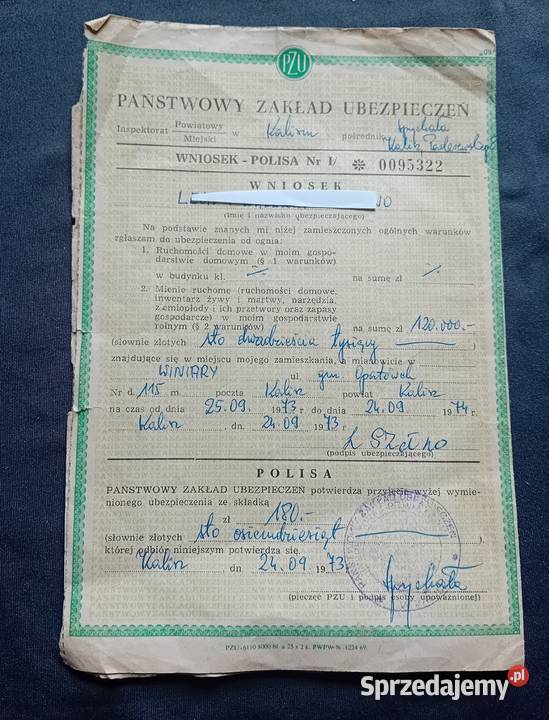 Zabytkowy druczek PZU wniosek na polisę Koźminek sprzedam