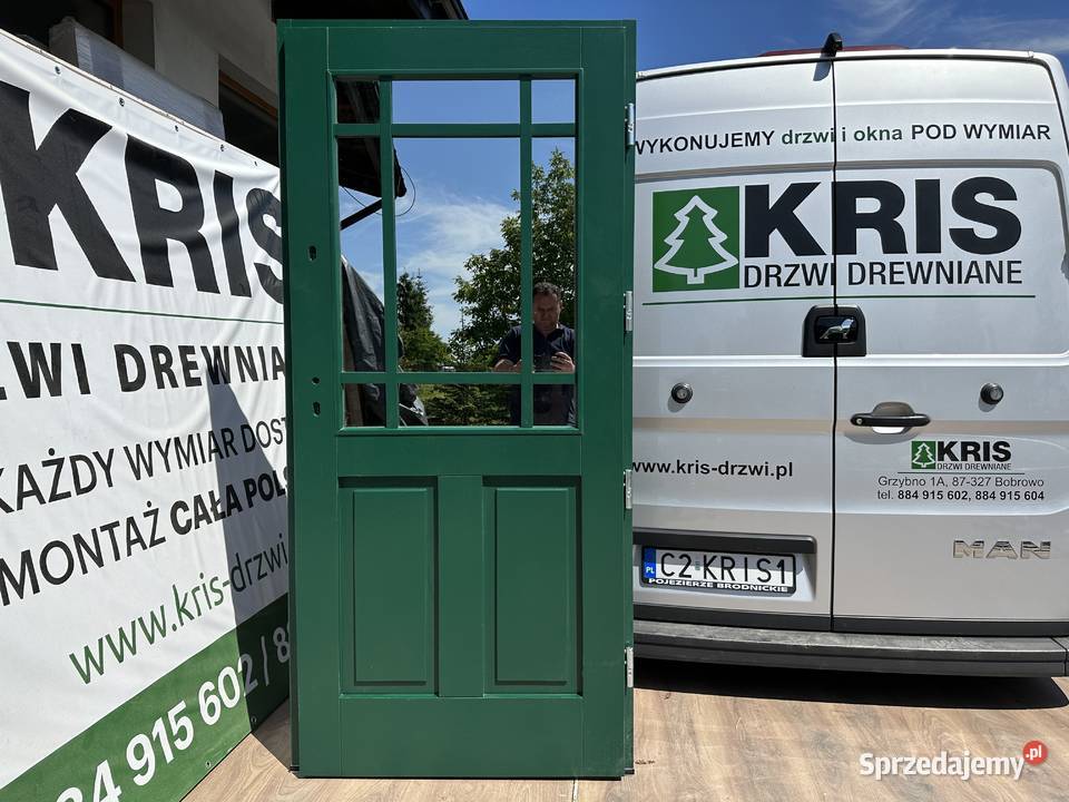 Drzwi zewnętrzne RĘKI drewniane zielone 6005 Ostróda sprzedam