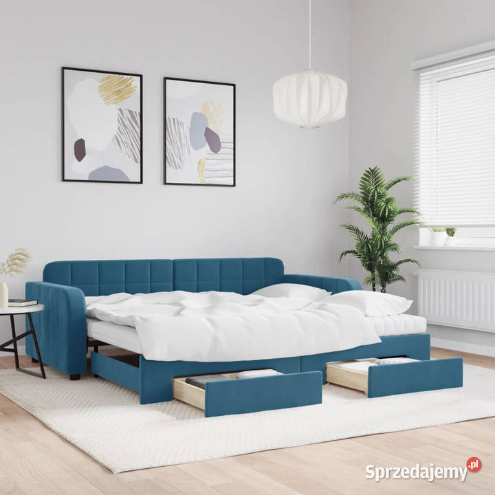 Sofa rozsuwana z szufladami niebieska aksamit 224cm Łóżka i materace
