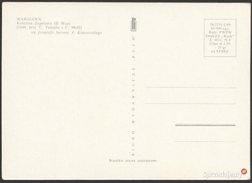 WARSZAWA KOLUMNA ZYGMUNTA III WAZY 1969 BEZ Pocztówki i karty telefoniczne
