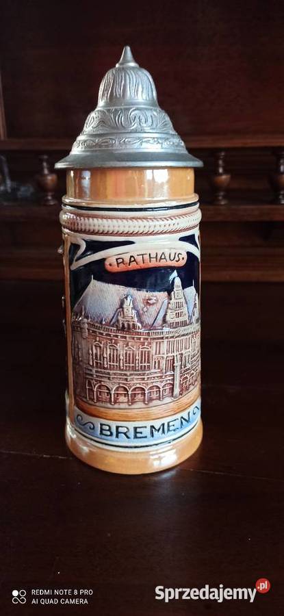 Kufel do piwa z cynową pokrywką Rathaus Bremen Porcelana i szkło Gdańsk