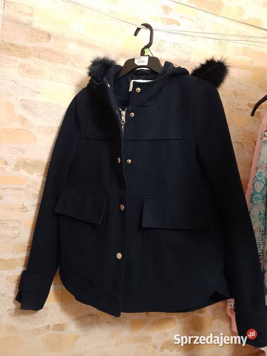 38M ZARAGranatowy płaszcz z Futrzanym kapturem Kraków