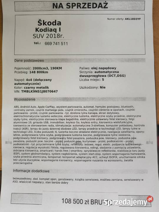 Skoda Kodiaq 20 TDI 190 DSG 4x4 2018 r salon 2000cm3 Bieliny