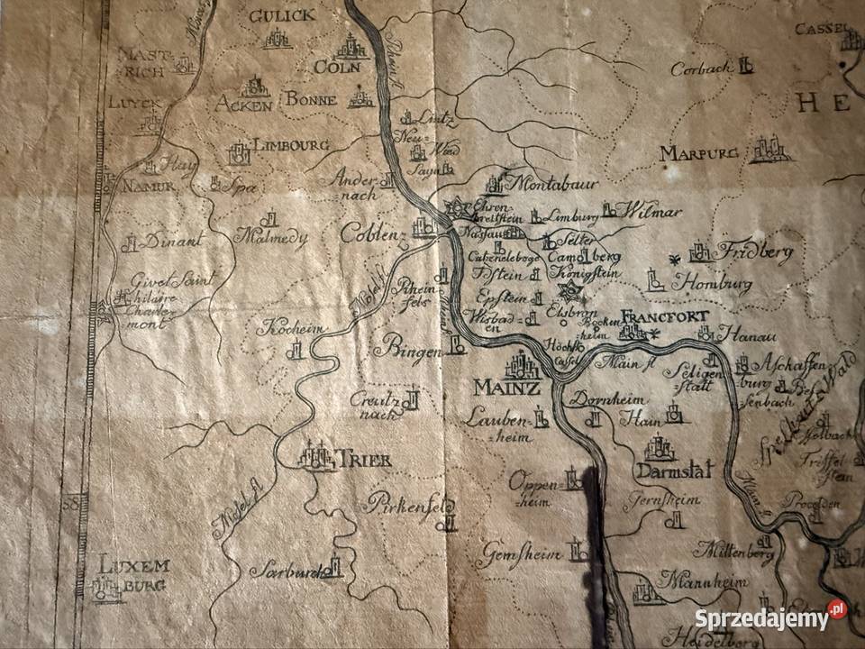 Mapa historyczna Hessen XIX wiek Mainz Niemcy