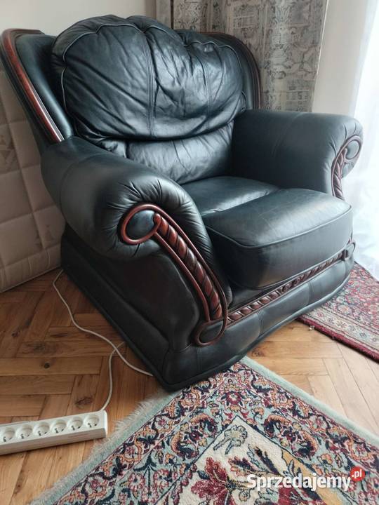 Zestaw wypoczynkowy prawdziwa skóra pełne drewno dolnośląskie Dzierżoniów