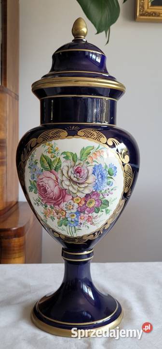 Wytworna ręcznie malowana kobaltowa duża amfora Porcelana i szkło Kraków