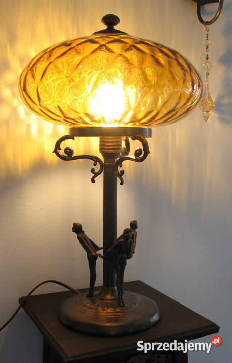 Mosiężna Lampa stołowa miodowy klosz sprzedam