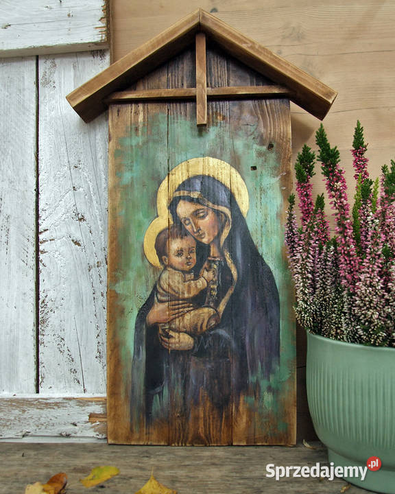 Obraz malowany na starych deskach - Madonna z Dzieciątkiem