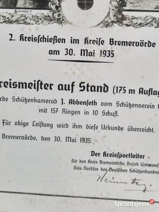 Antyczny dyplom mistrza w strzelaniu z grafiką Poddębice sprzedam