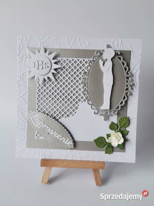 ZAPROSZENIA KOMUNIA CHŁOPIEC W RAMCE KORONKOWEJ Rękodzieło Poznań