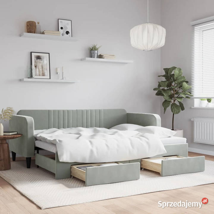 Sofa rozsuwana z szufladami jasnoszara aksamit 75cm Warszawa