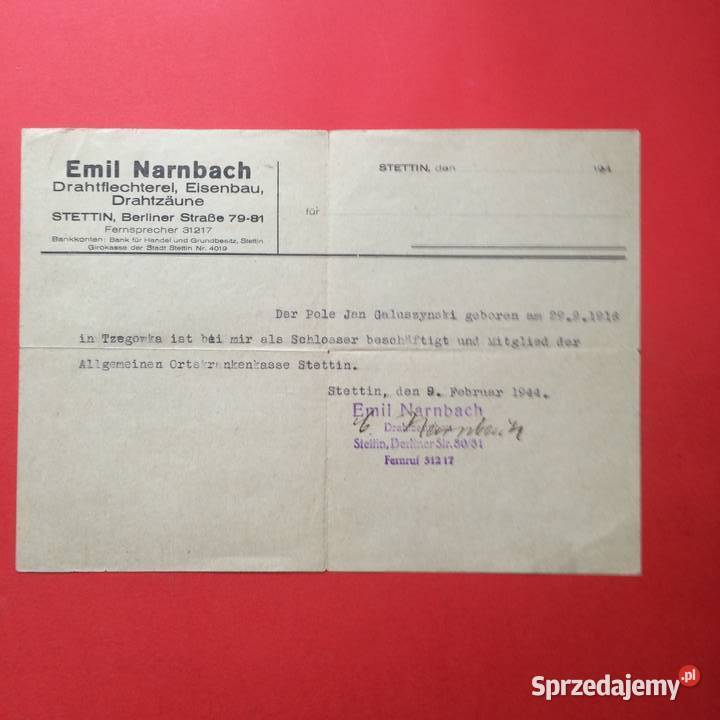1957 Dokument Niemiecki Firmy E Narnbach sprzedam