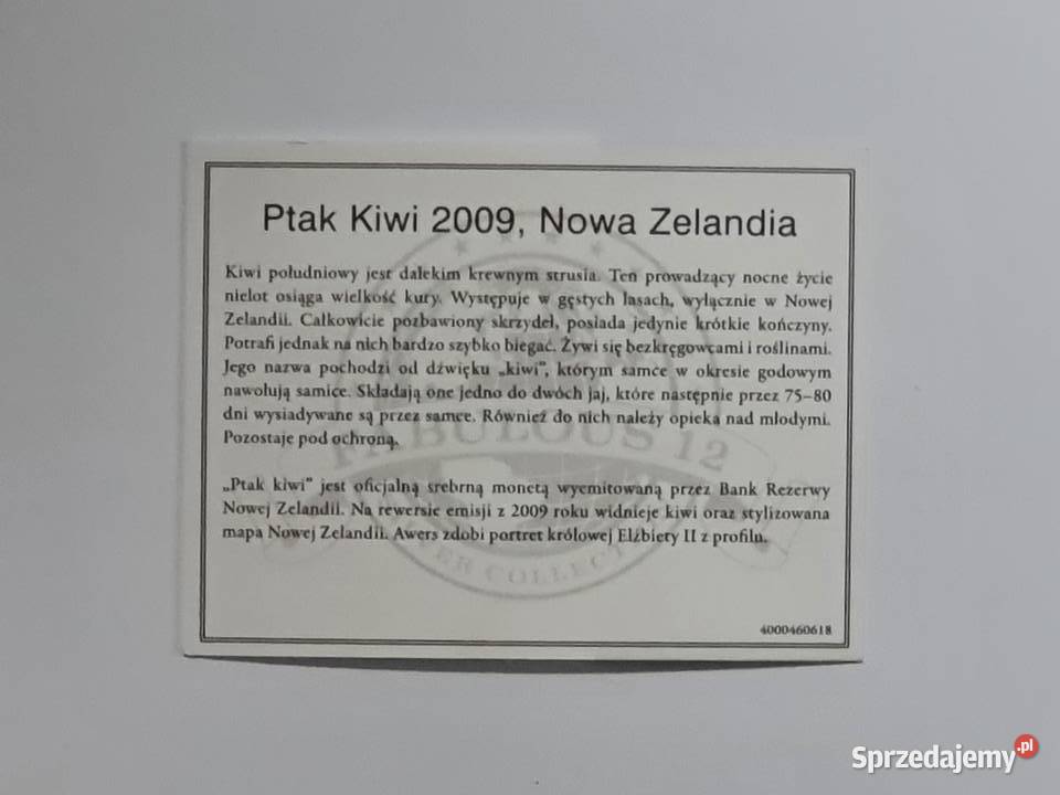 Srebrny numizmat ptak kiwi Nowa Zelandia 1 dolar Poznań