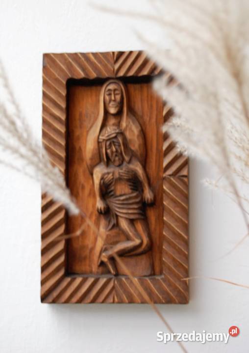 Pieta płaskorzeźba ludowa drewno polskie Lublin
