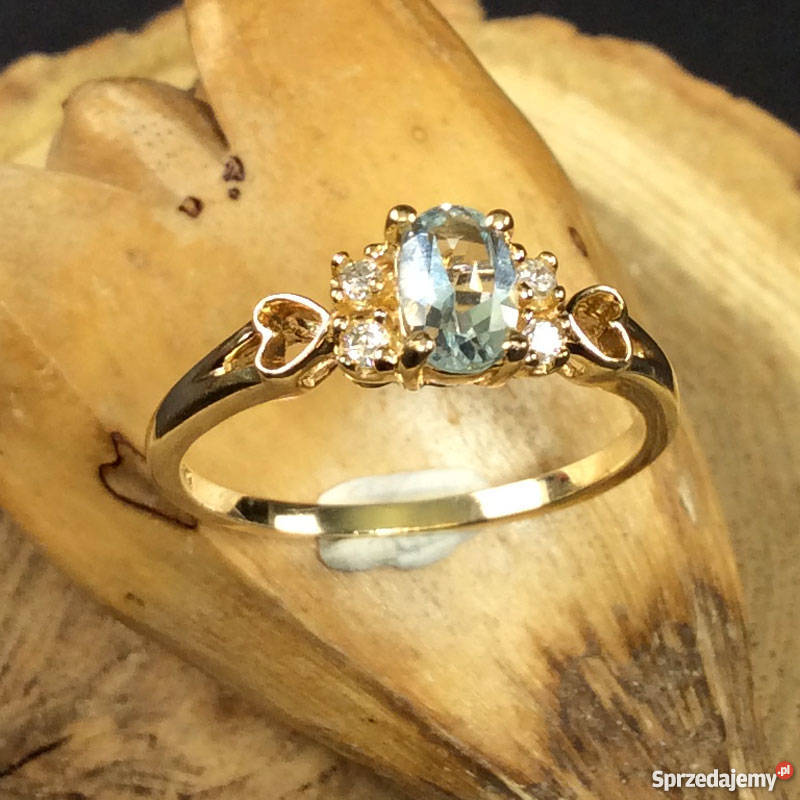 Złoty pierścionek z Diamentem i Aquamarynem złote