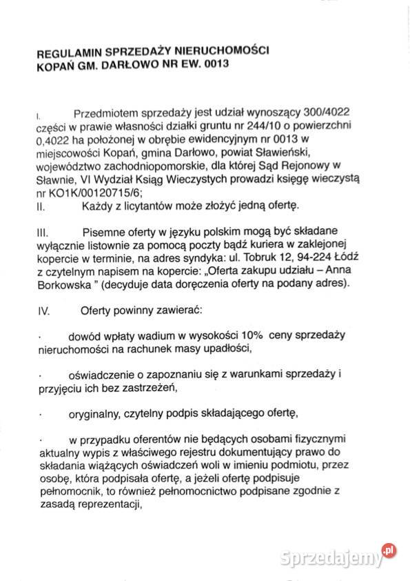 Syndyk sprzeda działkę w miejscowości Kopań sprzedam