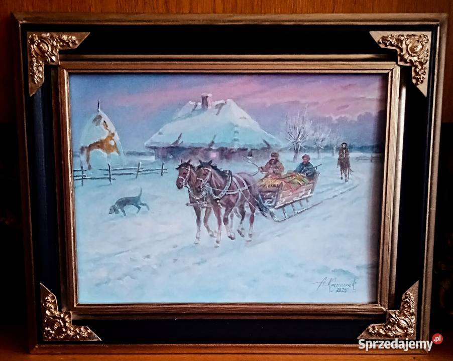 Wyjazd na polowanie obraz olejny na płótnie 54 x dolnośląskie Jelenia Góra sprzedam