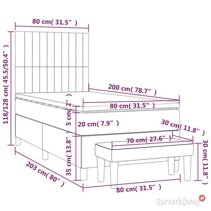 Łóżko z Materacem Kontynentalne Czarne Do 128cm