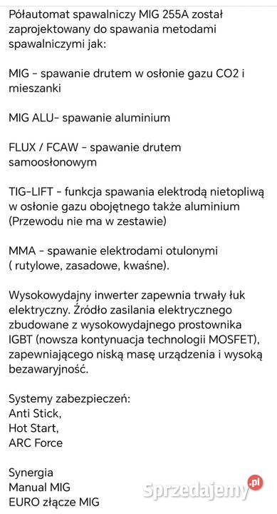 Migomat FLUX Gaz Mig ALU TIG Spawarka MMA 255A Spawarki inwertorowe kujawsko-pomorskie Laskowice sprzedam