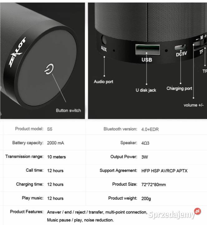 Bezprzewodowy Bluetooth głośnik ZEALOT z baterią Warszawa