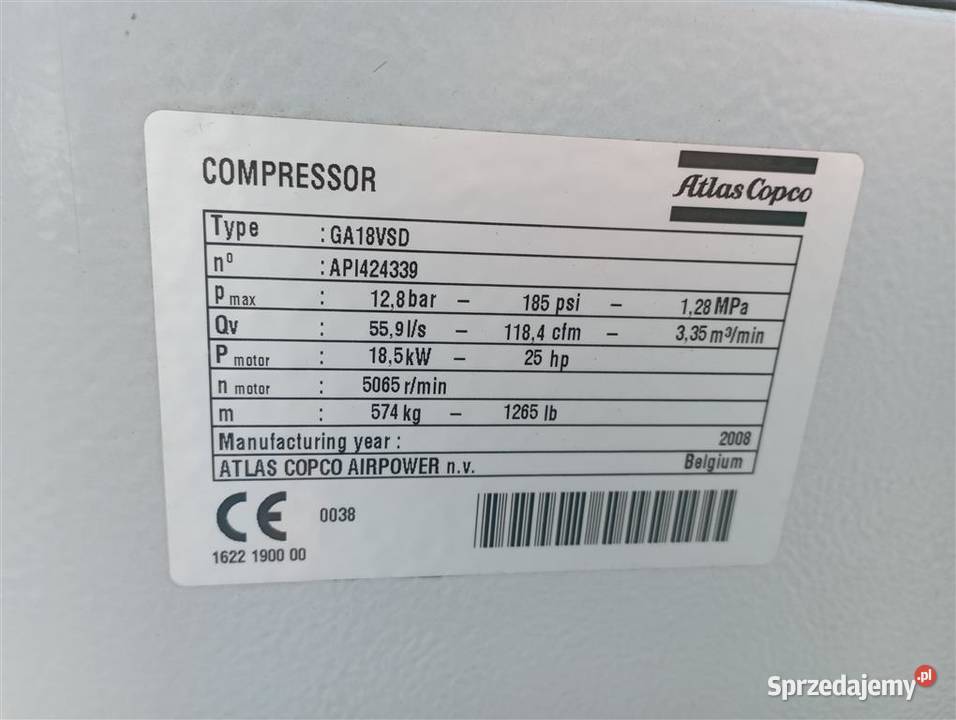 Sprężarka śrubowa ATLAS COPCO GA18 VSDFF 185kw Kompresory Wilków