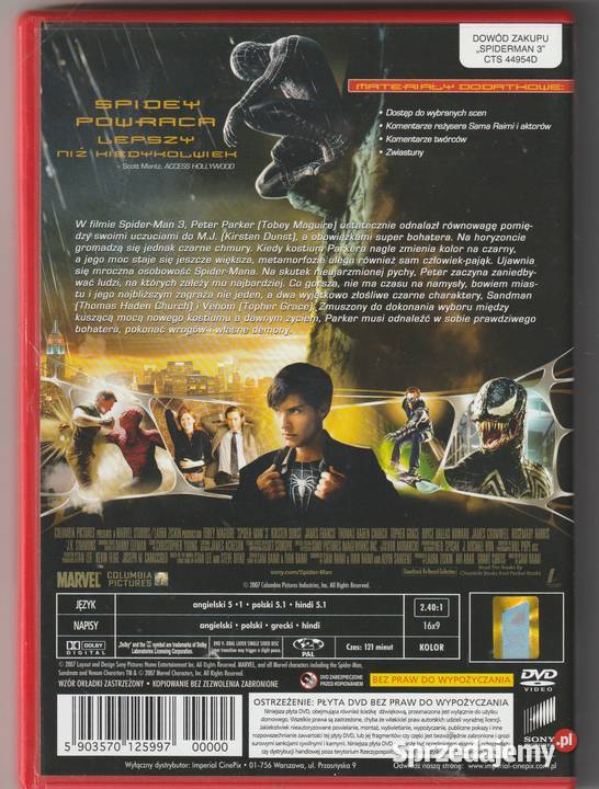 SPIDERMAN 3 Lektor DVD lektor mazowieckie Pruszków