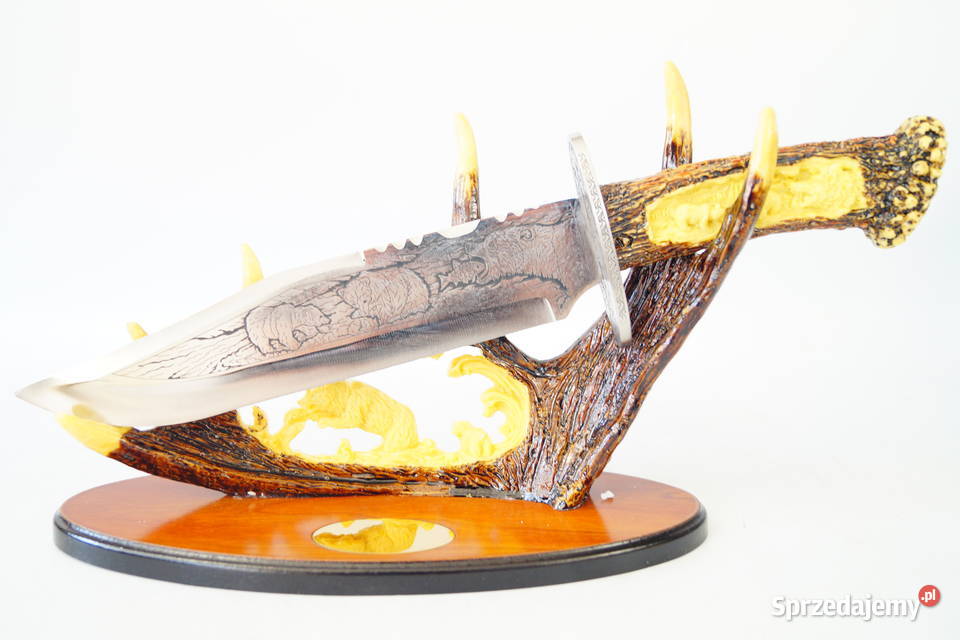 NÓŻ MYŚLIWSKI na stojaku dekoracja prezent Antyki Gizałki