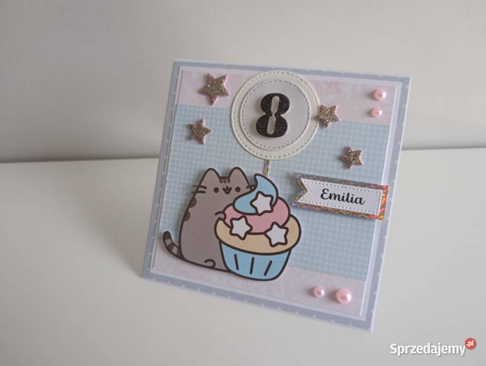 Kartka ręcznie robiona na urodziny kotek Pusheen Łódź