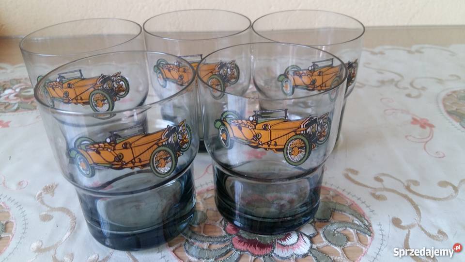 Szklanki butelkowa zieleń z samochodami retro Łódź sprzedam