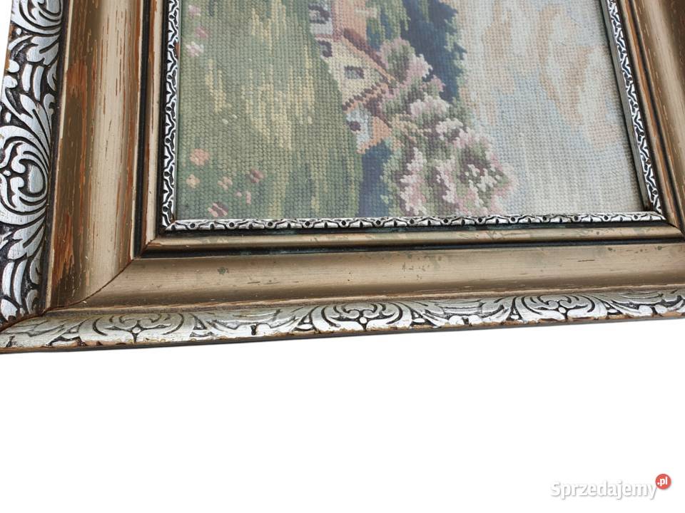 Stary obraz haftowany krajobraz lata 50 antyk Malarstwo śląskie