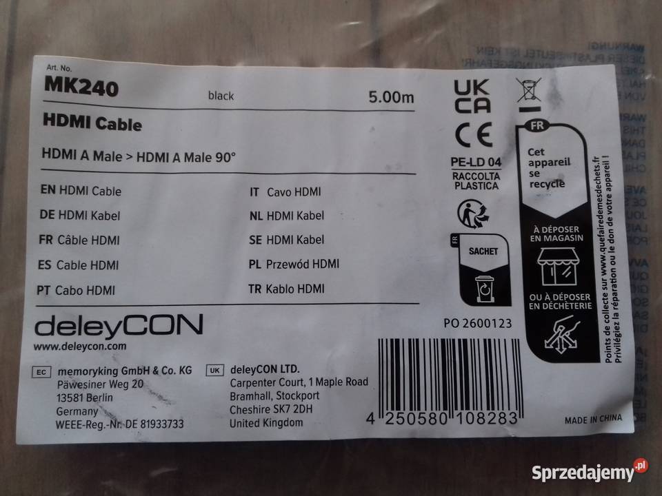 Kabel deleyCON MK240 HDMIHDMI 5m kąt 90 HDMI20a Bydgoszcz