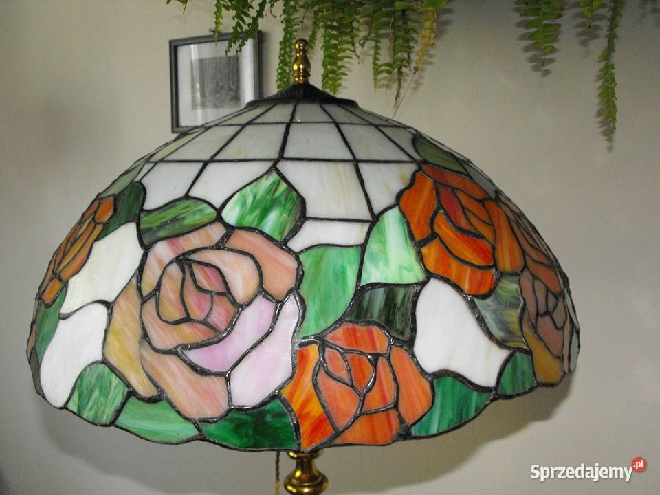 Piękna mosiężna lampa podłogowa klosz witraż w