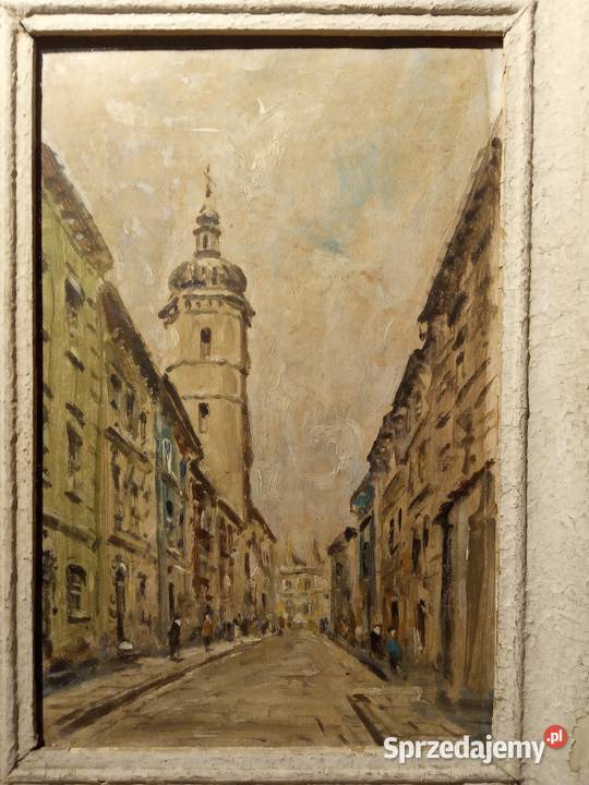 Stary piękny obraz akwarela Starówka Franciszek Kraków
