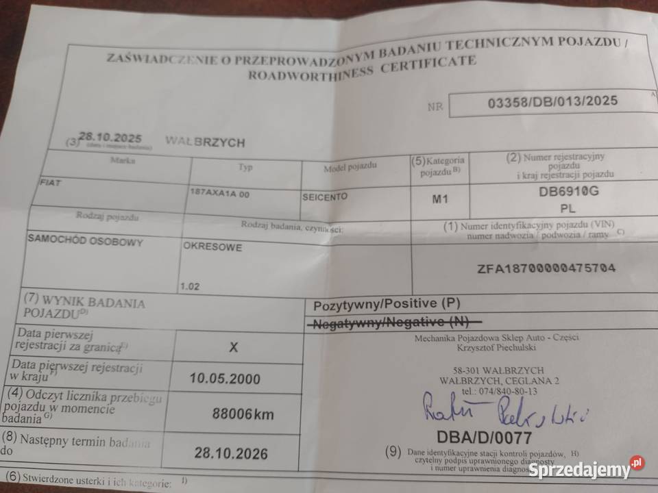 Fiat Seicento 09 2000 r faktura zakupu 899cm3 Wałbrzych