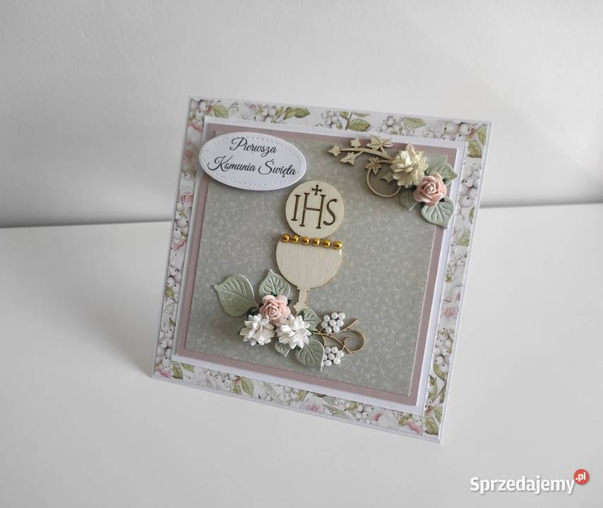 Kartka ręcznie robiona Komunia Święta pistacjowa Łódź