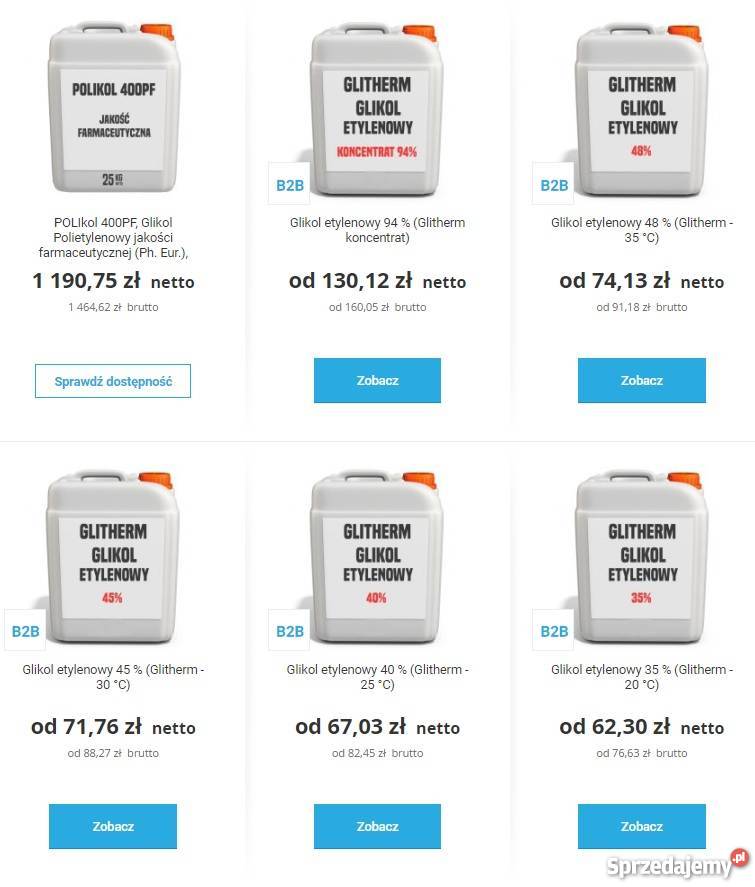 Glikole propylenowy etylenowy różne stężenia sprzedam