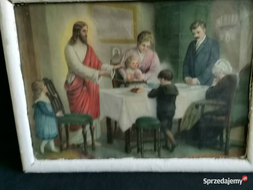 Stary obraz oleodruk Modlitwa przed posiłkiem Siemianowice Śląskie